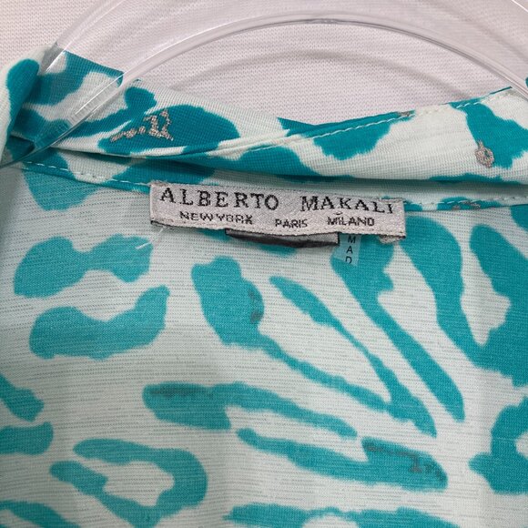 Alberto Makali size Medium Blue White Abstract Print Stretch Draped Light Jacket - Picture 2 of 7